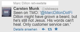 Retweetet von Marc Dillon: Seen on TMO: @MarcDillonDotFi Dillon might have grown a beard, but he's still not Jesus. His words can't heal. Only customer service can.
