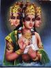 Brahma gilt als der erste Gott im Hinduismus, als erstes Lebewesen auf der Erde, und wird als der Schöpfer gesehen. Er wird mit vier Köpfen dargestellt, die in alle vier Himmelsrichtungen blicken. Meistens wird er ebenfalls mit vier Armen dargestellt, die häufig dann die vier 'Veden' Rigveda, Yajurveda, Samaveda und Atharvaveda, die heiligen Schriften des Hinduismus halten. Jedem Gott wird ein Reittier zugeordnet. Bei Brahma ist das die Gans Hamsa. Seine Gefährtin Sarasvati ist die Göttin der Kunst und des Wissens. 
<br />
Brahma ist nicht zu verwechseln mit dem Begriff Brahmane (Priester). Von der Trias Brahma - Shiva - Vishnu, den drei grossen Göttern des Hinduismus, gilt Brahma heute als der Unbedeutenste.