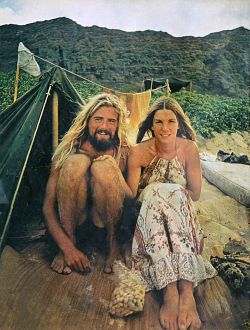 This California surfer and his girlfriend were some of the young folks who went to live wild in nature during the late 1960s and early '70s, mostly in California, Hawaii and parts of Europe. This most radical form of communalism was a replay of the Wandervogel and Naturmensch period some 60 years before in Germany and Switzerland (Taylor Park, Kauai, Hawaii, 1971)