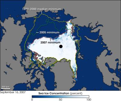„Eis“
<br />
Minimale Eisausbreitung im Sommer 2007 im Vergleich zum Jahr 2005 sowie zum langjährigen Mittel (Quelle: NASA)
<br />
„Eis“
<br />
Minimale Eisausbreitung im Sommer 2007 im Vergleich zum Jahr 2005 sowie zum langjährigen Mittel (Quelle: NASA)
<br />