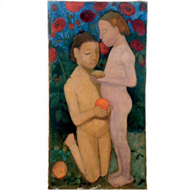 Paula-Modersohn-Becker-Stehender-und-kniender-Maedchenakt-vor-Mohnblumen-2-Mai-Juni-1906