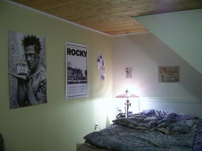 Die linke Wand mit mit Postern von Fight Club, Rocky und Neon Genesis Evangelion. Rechts sieht man die Nachttischlampe und eine Ecke des Bettes.