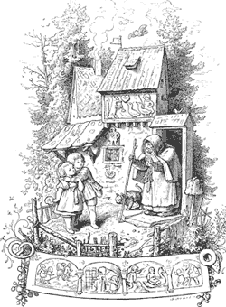Hänsel und Gretel vor dem Lebkuchenhaus. Illustration von Ludwig Richter 1903 - Quelle: Wikipedia