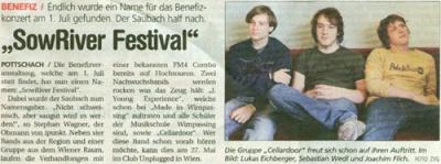 Presseartikel SowRiver Festival Pottschach 30.Juni mit Cellardoor