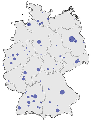 In Deutschland gibt es über 70 Knabenchöre mit 15-300 Mitgliedern. Hier ist die Verteilung zu sehen.