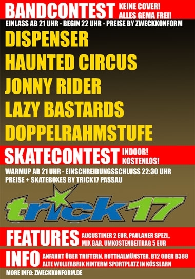 Flyer des Skate- und Bandcontest "Rampensau" in der Kösslarner Wollfabrik am 14.3.09