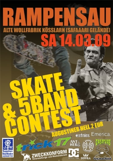 Flyer des Skate- und Bandcontest "Rampensau" in der Kösslarner Wollfabrik am 14.3.09