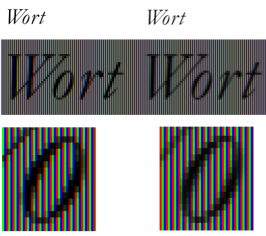Vergleich normales Antialiasing (links) und Subpixel-Antialiasing (rechts) Vergleich normales Antialiasing (links) und Subpixel-Antialiasing (rechts)