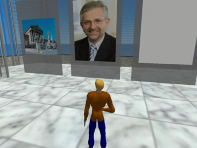 ÖVP-Bundesparteitag in Second Life, vor einem Portrait von Willi Molterer