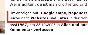 Screenshot mit „Ort anzeigen auf: Google Maps, Mapquest“