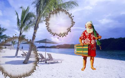 1. Santa ausgeschnitten und eingefügt<br />
2. horizontal 90% gedreht<br />
3.  Linseneffekt eingefügt<br />
4. Gaußchschen Weichzeichner verwendet<br />
5. Kaffeeflecken eingefügt