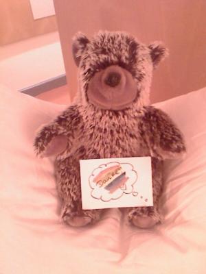 Teddy auf einem Kopfkissen mit einer Karte zwischen den Pfoten, darauf steht das Wort Danke