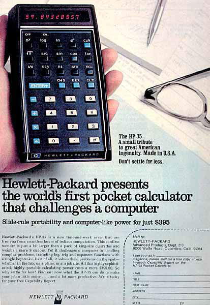 Bill Hewlett schlägt für den Rechner die Bezeichnung 'HP-35' vor, weil das Gerät 35 Tasten hat.