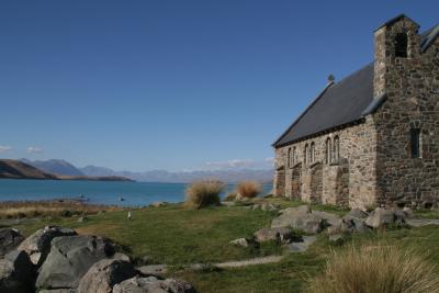 Traumpanorama am Lake Tekapo. Im Vordergrund die Church of the Good Shepherd - eines der meist fotografierten Motive in ganz NZ