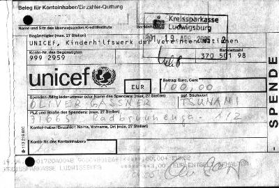 der 2. Spendenbeleg: Unicef, Tsunami, 19.4.2005